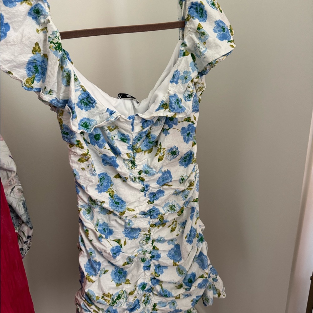 Zara Blue and Green Ruched Ruffled Mini Dress - Picture 2 of 4